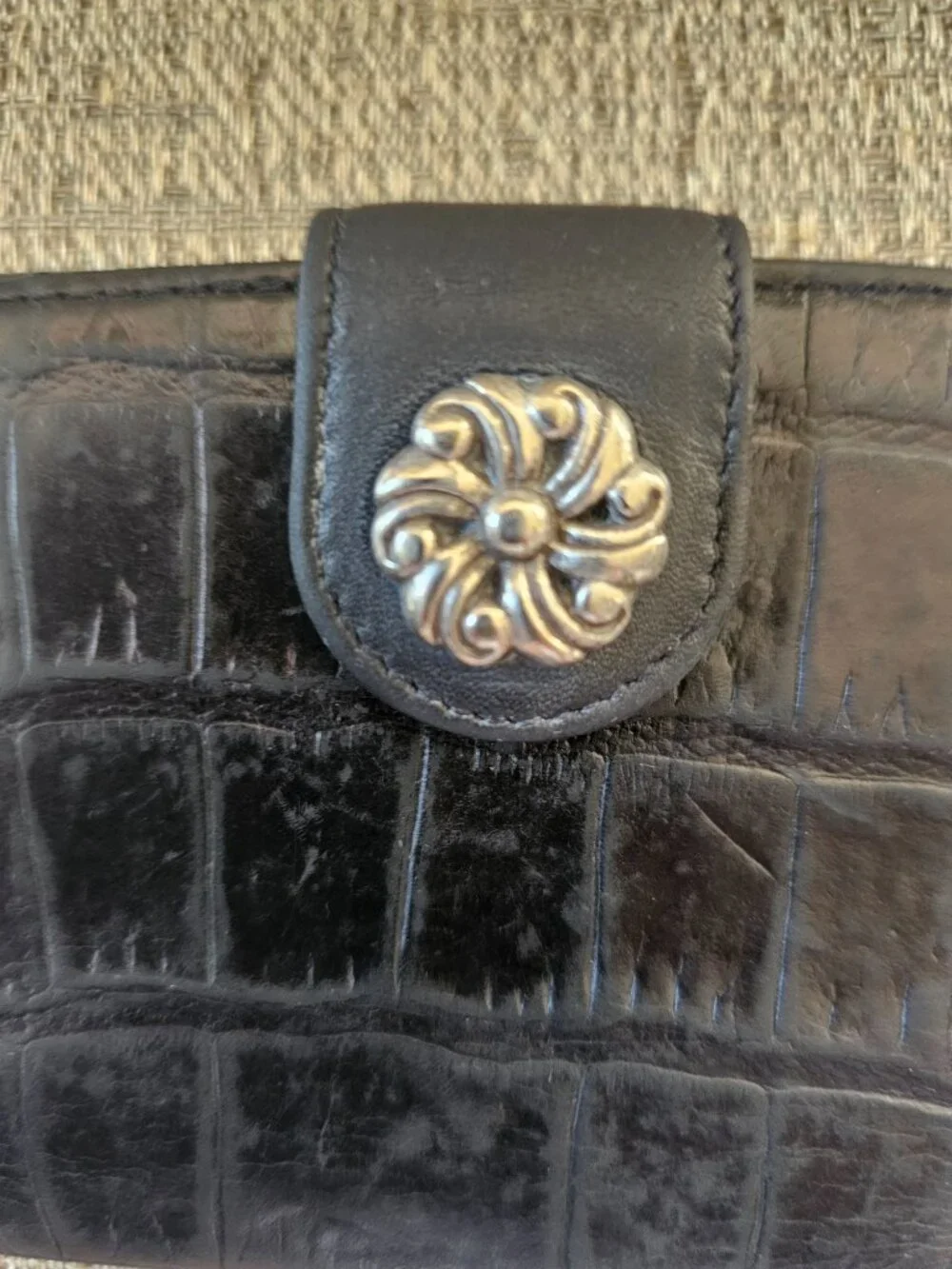 Brighton VINTAGE Black CROCODILE EMBOSSED Wallet  | Silver Heart Hardware